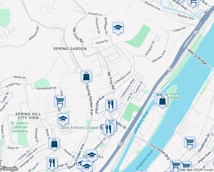 map of restaurants, bars, coffee shops, grocery stores, and more near 1961 W Beckert Ave in Pittsburgh