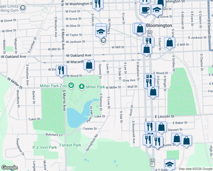 map of restaurants, bars, coffee shops, grocery stores, and more near 605 West Miller Street in Bloomington