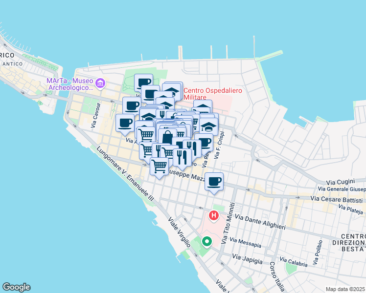 map of restaurants, bars, coffee shops, grocery stores, and more near 69 Via Cataldo Nitti in Taranto