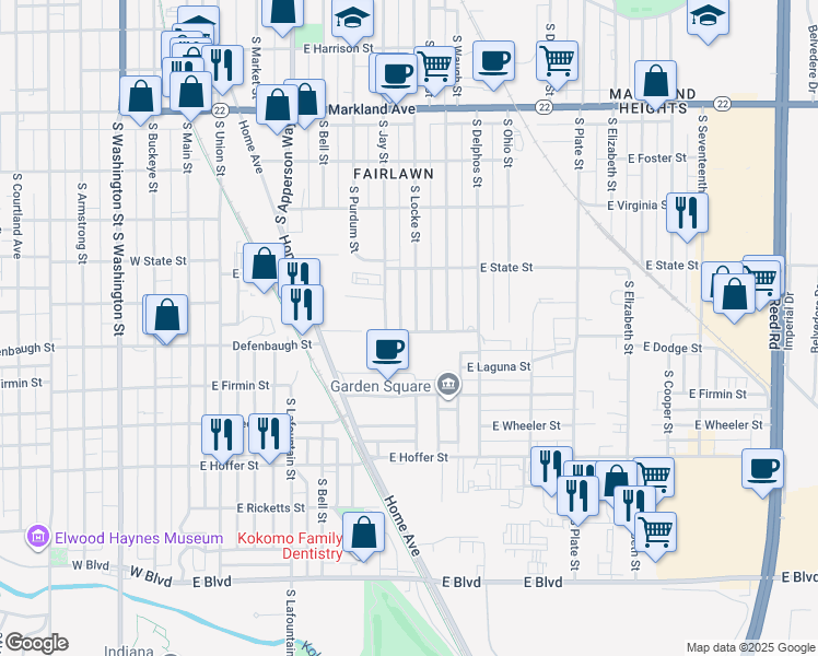 map of restaurants, bars, coffee shops, grocery stores, and more near 1355 South Locke Street in Kokomo