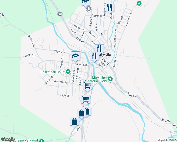 map of restaurants, bars, coffee shops, grocery stores, and more near 901-999 Roberts Street in Nanty-Glo
