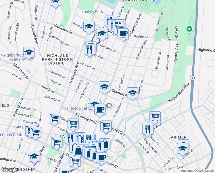 map of restaurants, bars, coffee shops, grocery stores, and more near 5907 Stanton Avenue in Pittsburgh