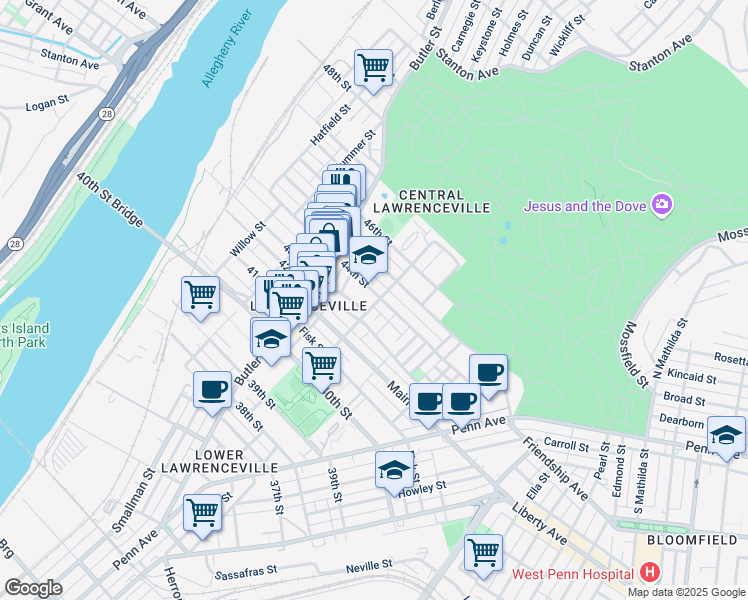 map of restaurants, bars, coffee shops, grocery stores, and more near in Pittsburgh