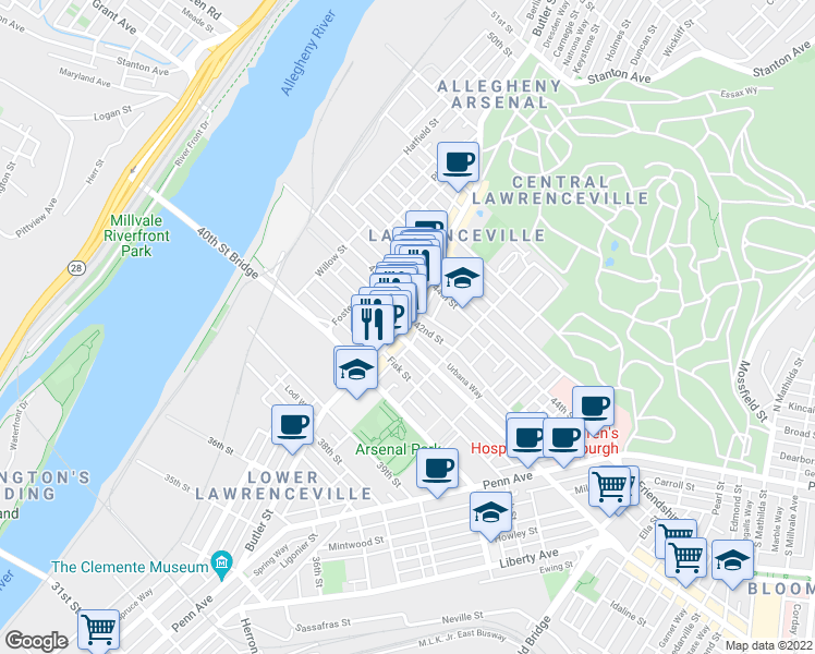 map of restaurants, bars, coffee shops, grocery stores, and more near in Pittsburgh