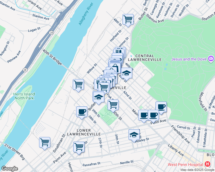 map of restaurants, bars, coffee shops, grocery stores, and more near in Pittsburgh