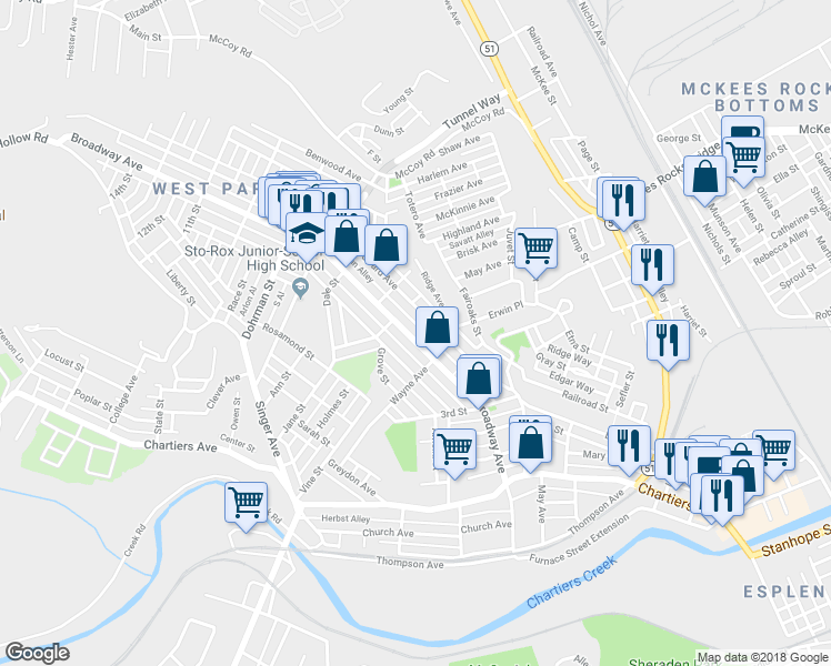 map of restaurants, bars, coffee shops, grocery stores, and more near 512 Broadway Avenue in McKees Rocks