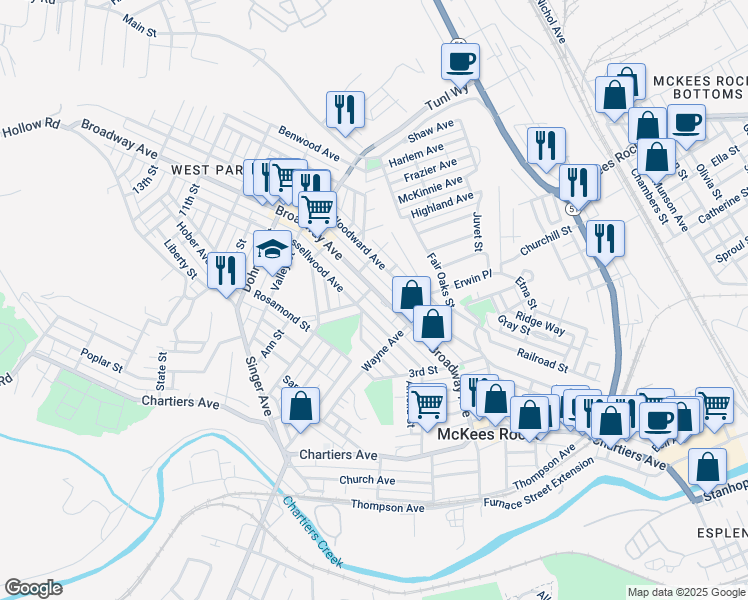map of restaurants, bars, coffee shops, grocery stores, and more near 512 Broadway Avenue in McKees Rocks