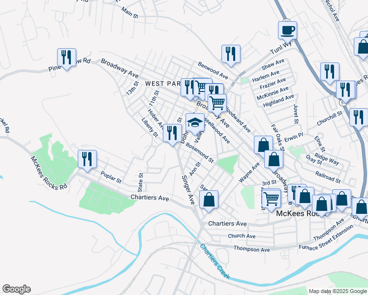 map of restaurants, bars, coffee shops, grocery stores, and more near 1163 Dohrman Street in McKees Rocks