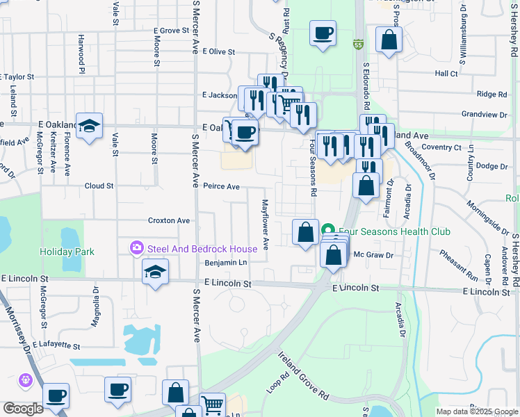map of restaurants, bars, coffee shops, grocery stores, and more near 809 Mayflower Avenue in Bloomington