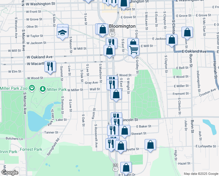 map of restaurants, bars, coffee shops, grocery stores, and more near 1009 South Main Street in Bloomington