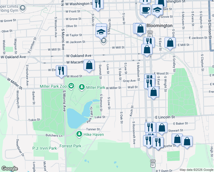 map of restaurants, bars, coffee shops, grocery stores, and more near 605 West Miller Street in Bloomington