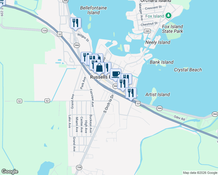 map of restaurants, bars, coffee shops, grocery stores, and more near 309 Sunset Ave in Russells Point
