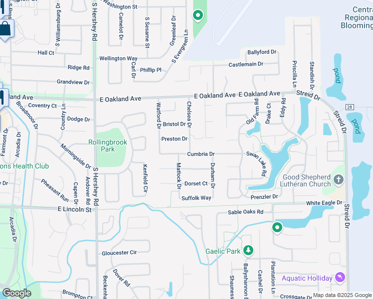 map of restaurants, bars, coffee shops, grocery stores, and more near 3114 Cumbria Dr in Bloomington