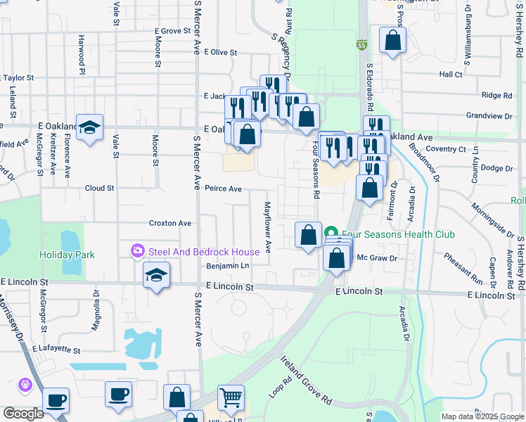 map of restaurants, bars, coffee shops, grocery stores, and more near 809 Mayflower Avenue in Bloomington