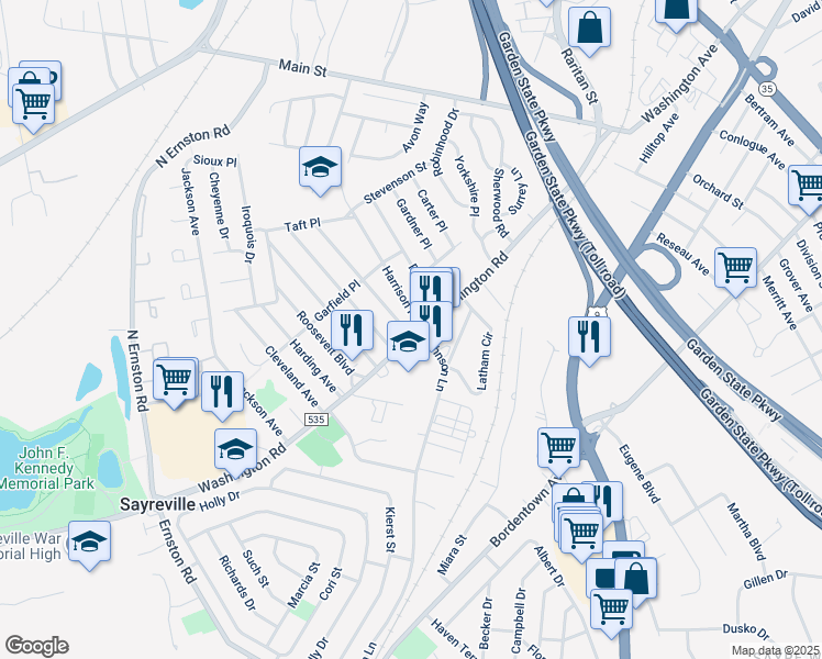 map of restaurants, bars, coffee shops, grocery stores, and more near 3267 Washington Road in Sayreville