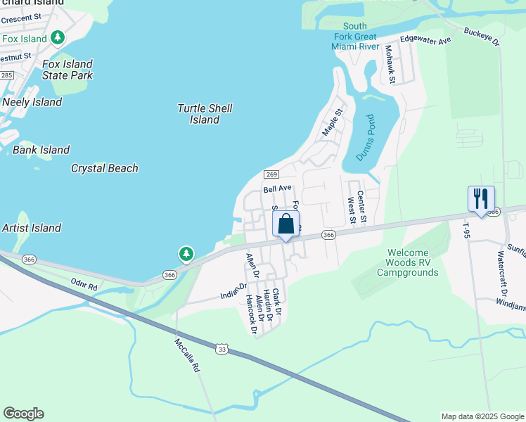 map of restaurants, bars, coffee shops, grocery stores, and more near 7403 Township Road 269 in Russells Point