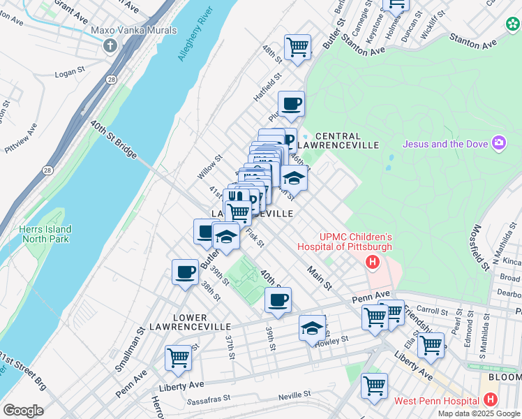 map of restaurants, bars, coffee shops, grocery stores, and more near in Pittsburgh