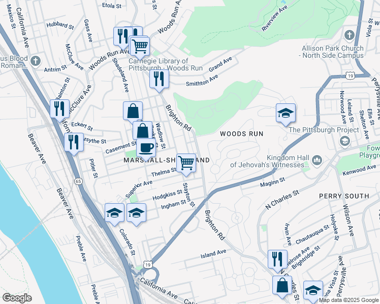 map of restaurants, bars, coffee shops, grocery stores, and more near 1104 Woodland Avenue in Pittsburgh