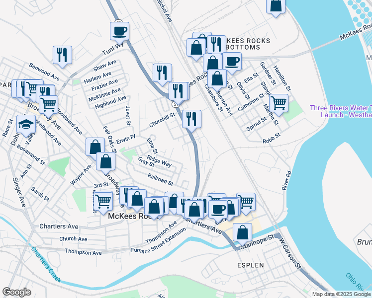 map of restaurants, bars, coffee shops, grocery stores, and more near 431 Alexander Street in McKees Rocks