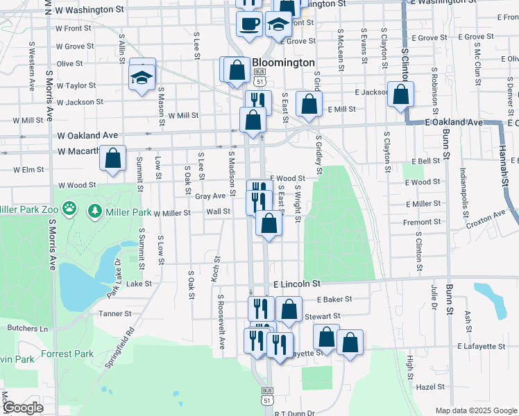 map of restaurants, bars, coffee shops, grocery stores, and more near 1009 S Main St in Bloomington