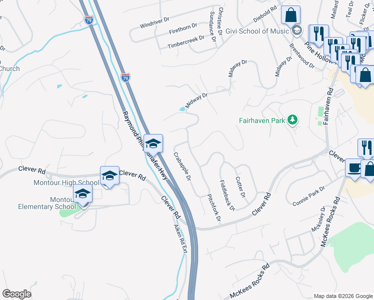 map of restaurants, bars, coffee shops, grocery stores, and more near 3053 Pitchfork Drive in McKees Rocks