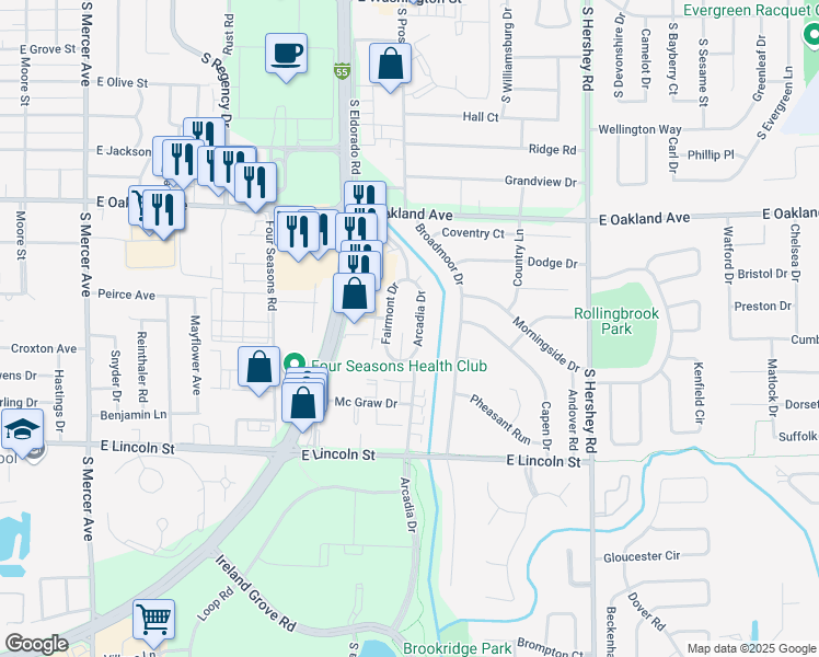 map of restaurants, bars, coffee shops, grocery stores, and more near 713 Arcadia Dr in Bloomington