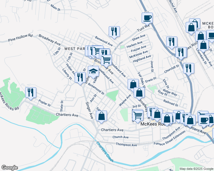 map of restaurants, bars, coffee shops, grocery stores, and more near 515 Marwood Avenue in McKees Rocks