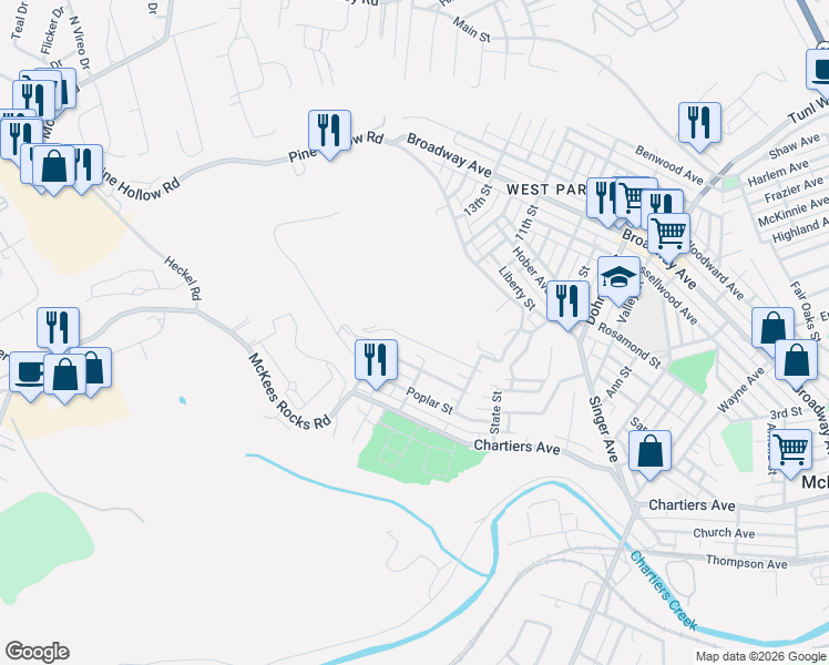 map of restaurants, bars, coffee shops, grocery stores, and more near 249 Hickory Street in McKees Rocks