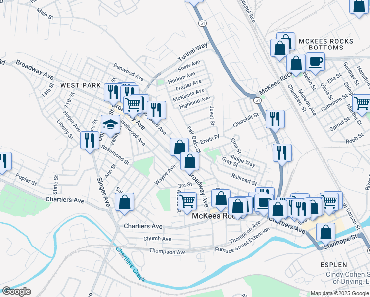 map of restaurants, bars, coffee shops, grocery stores, and more near 426 Woodward Avenue in McKees Rocks