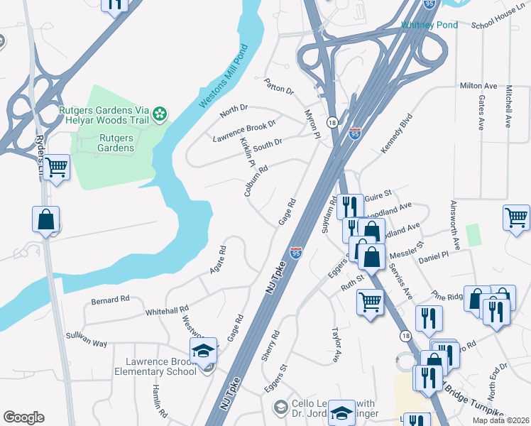 map of restaurants, bars, coffee shops, grocery stores, and more near 39 Colburn Road in East Brunswick