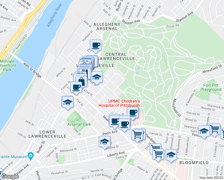 map of restaurants, bars, coffee shops, grocery stores, and more near 311 45th Street in Pittsburgh