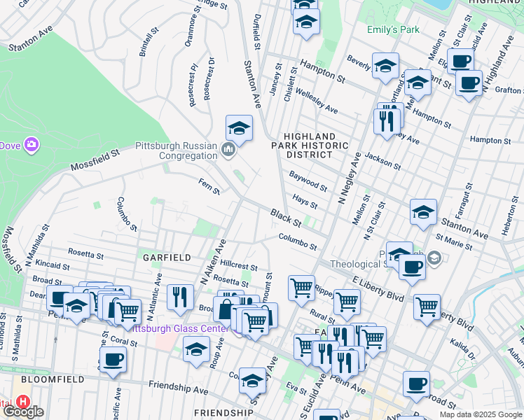 map of restaurants, bars, coffee shops, grocery stores, and more near 5444 Black Street in Pittsburgh