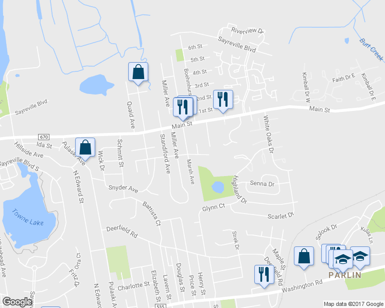 map of restaurants, bars, coffee shops, grocery stores, and more near 52 Forrest Avenue in Sayreville