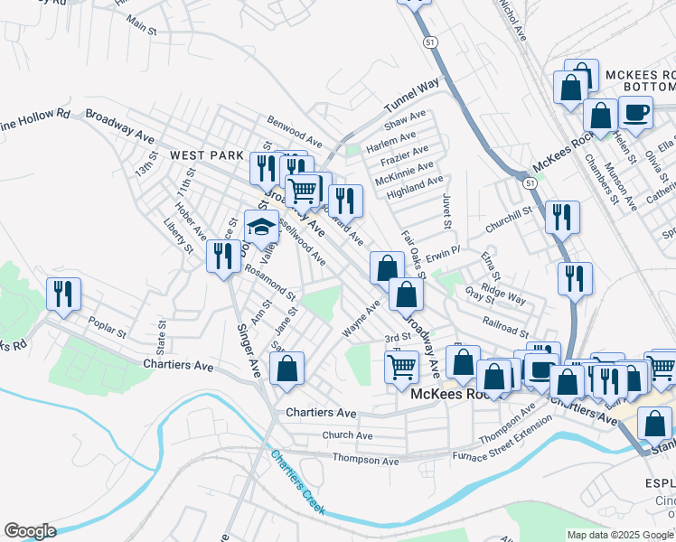 map of restaurants, bars, coffee shops, grocery stores, and more near 502 Russellwood Avenue in McKees Rocks
