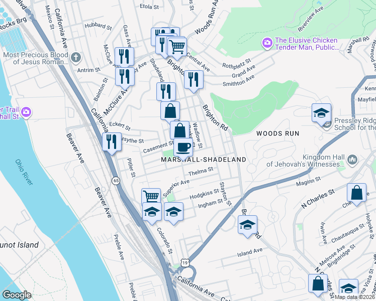 map of restaurants, bars, coffee shops, grocery stores, and more near 1254 Dickson Street in Pittsburgh