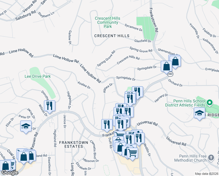map of restaurants, bars, coffee shops, grocery stores, and more near 11740 Althea Drive in Pittsburgh