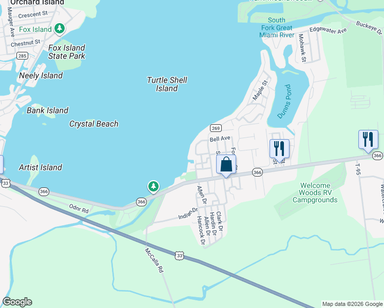 map of restaurants, bars, coffee shops, grocery stores, and more near 7407 Mingo Way in Russells Point