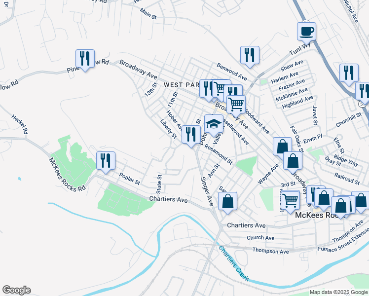 map of restaurants, bars, coffee shops, grocery stores, and more near 819 Pine Hollow Road in McKees Rocks