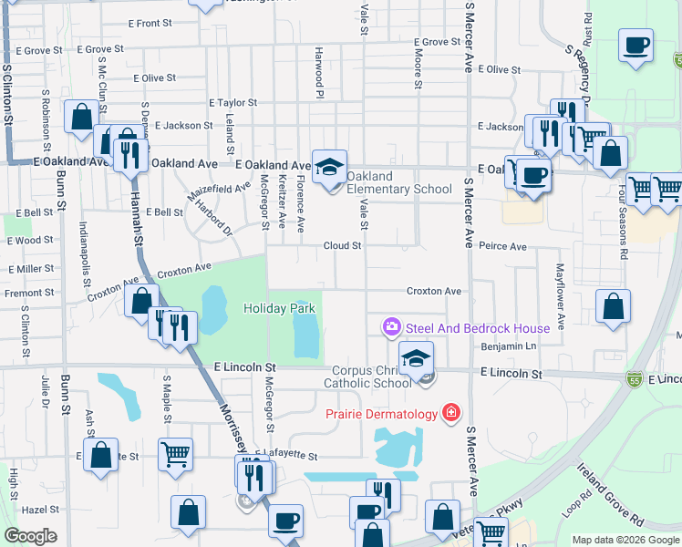 map of restaurants, bars, coffee shops, grocery stores, and more near 15 Ryan Drive in Bloomington