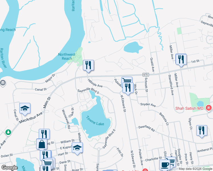 map of restaurants, bars, coffee shops, grocery stores, and more near 42 Hillside Avenue in Sayreville