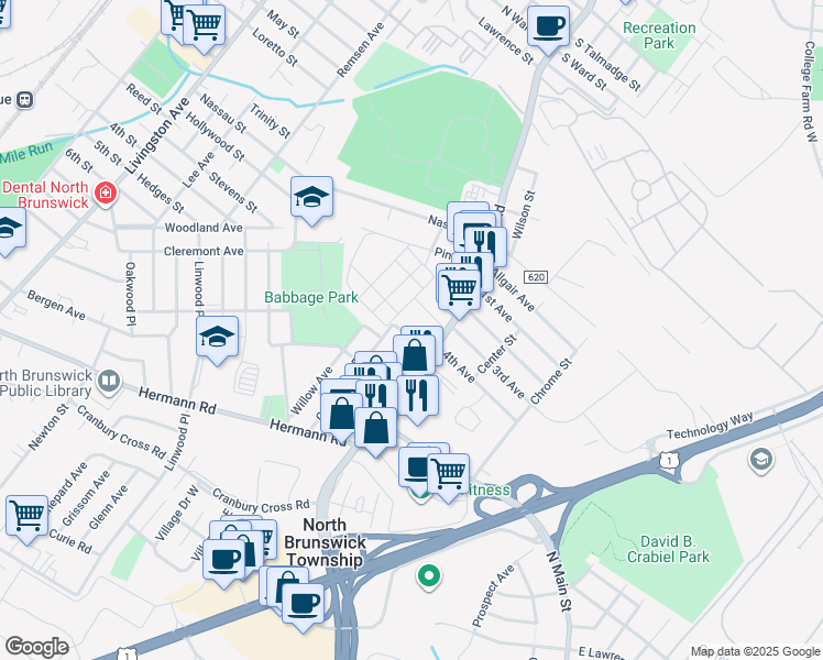 map of restaurants, bars, coffee shops, grocery stores, and more near 15 Ashland Place in North Brunswick Township