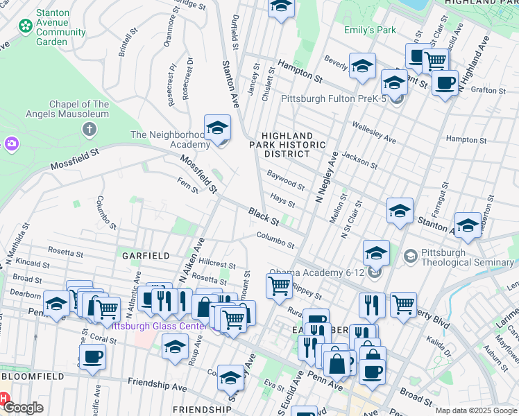 map of restaurants, bars, coffee shops, grocery stores, and more near 5463 Black Street in Pittsburgh