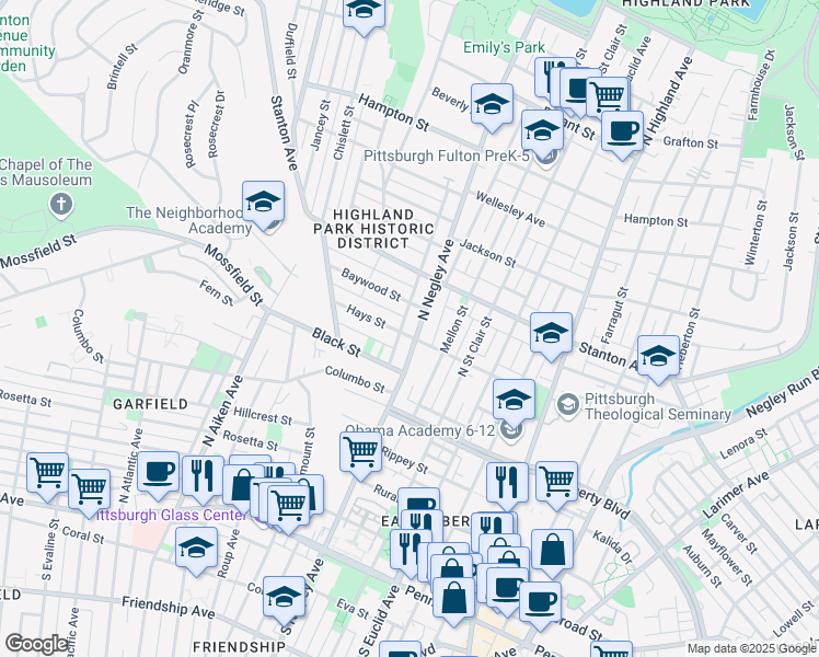 map of restaurants, bars, coffee shops, grocery stores, and more near 701 North Negley Avenue in Pittsburgh