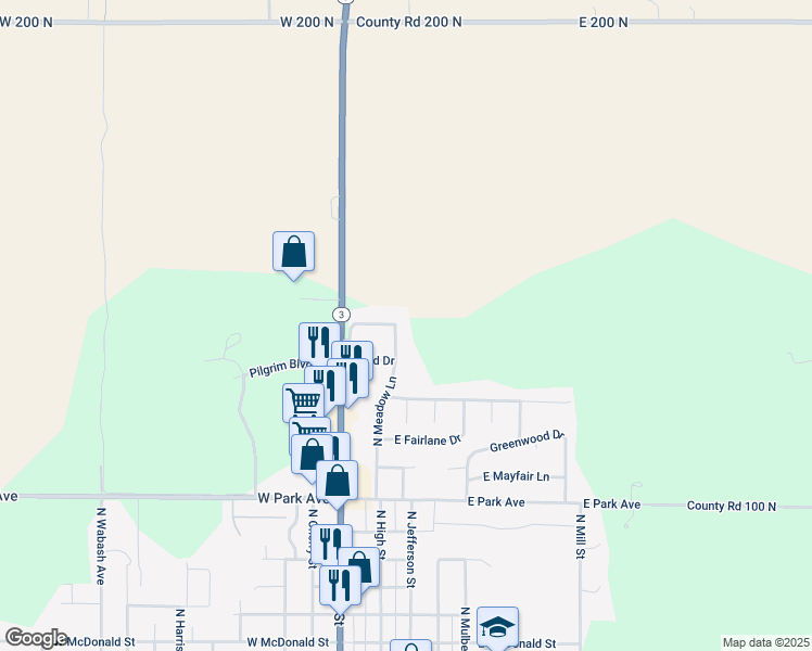 map of restaurants, bars, coffee shops, grocery stores, and more near 512 North Meadow Lane in Hartford City