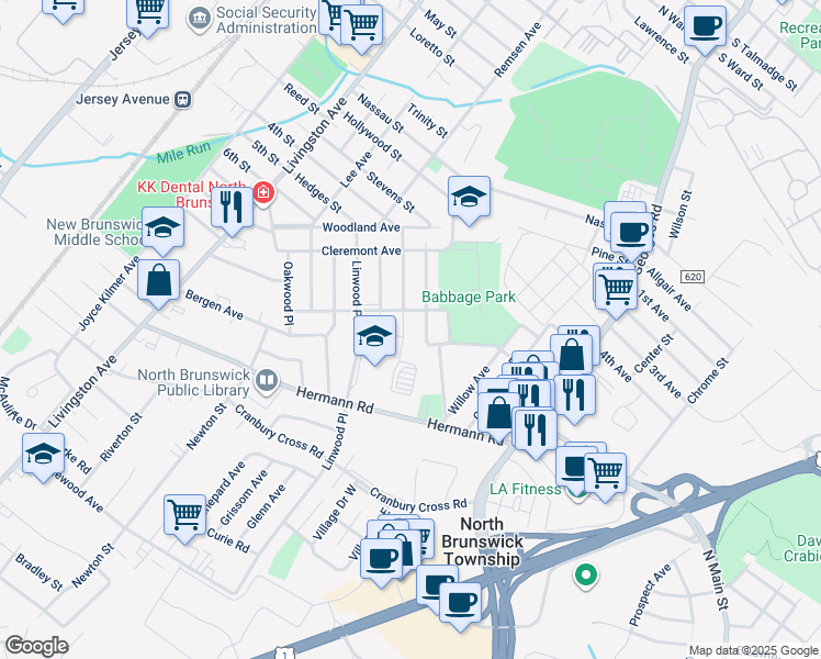 map of restaurants, bars, coffee shops, grocery stores, and more near 737 Roseland Place in North Brunswick Township