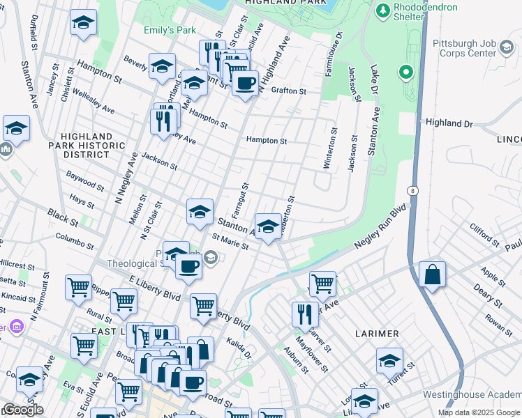 map of restaurants, bars, coffee shops, grocery stores, and more near 825 Sheridan Avenue in Pittsburgh