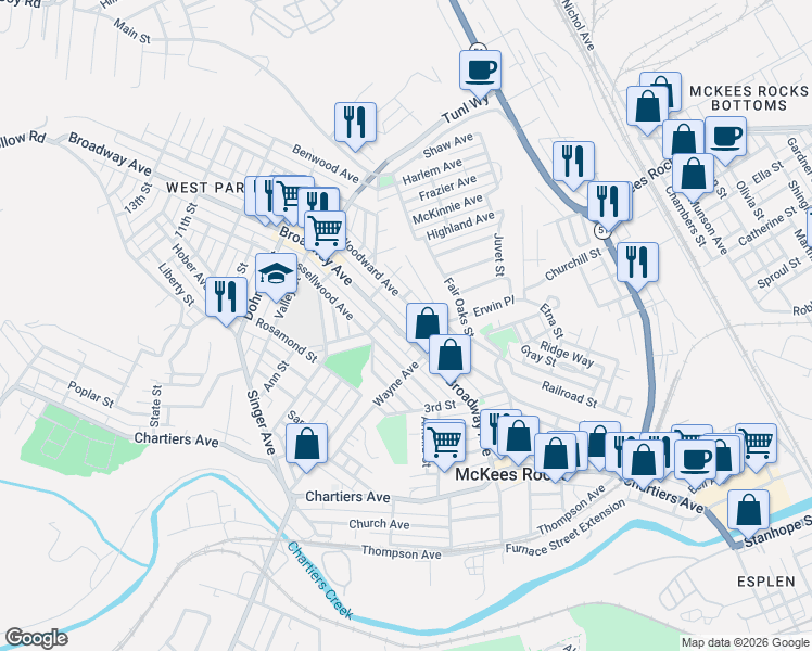 map of restaurants, bars, coffee shops, grocery stores, and more near 512 Broadway Avenue in McKees Rocks
