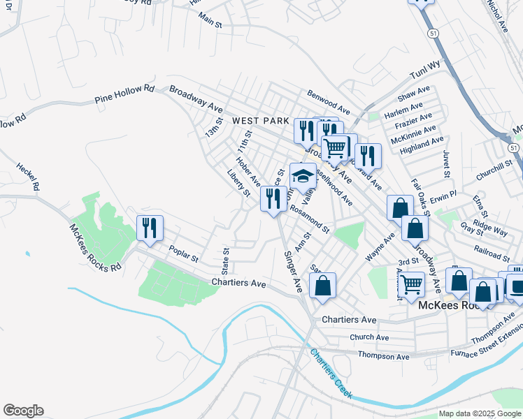 map of restaurants, bars, coffee shops, grocery stores, and more near 819 Pine Hollow Road in McKees Rocks