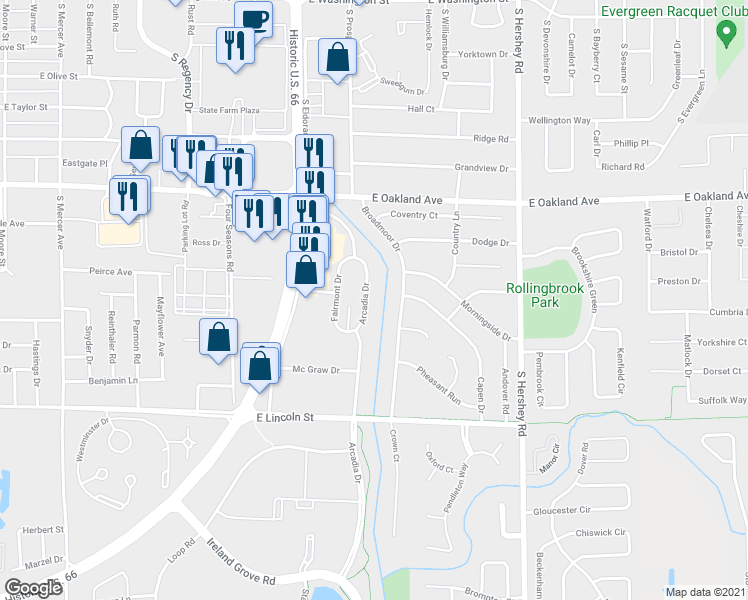 map of restaurants, bars, coffee shops, grocery stores, and more near 713 Arcadia Drive in Bloomington