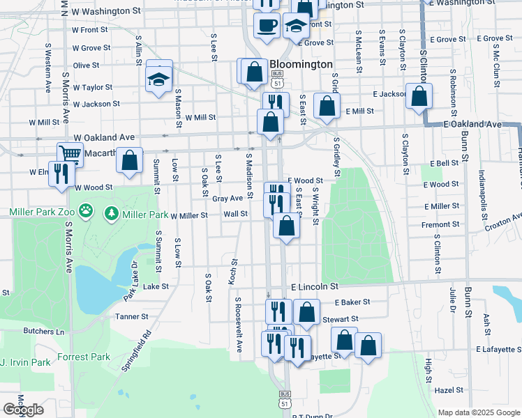 map of restaurants, bars, coffee shops, grocery stores, and more near 916 South Madison Street in Bloomington
